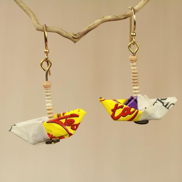 Alternate image for Recycled Paper Sailboat Earrings Crafted by Hand in Ghana Yellow Boats