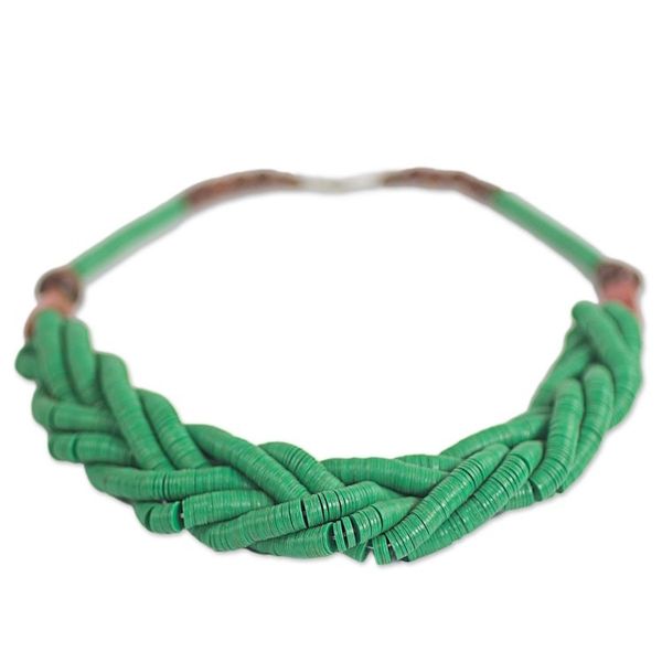 Alternate image for Handcrafted Green Braided Bead Necklace with Wood and Agate Sosongo in Green