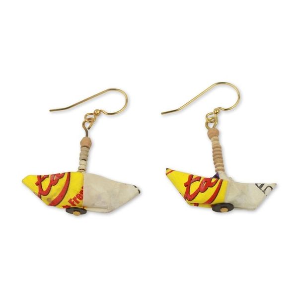 Alternate image for Recycled Paper Sailboat Earrings Crafted by Hand in Ghana Yellow Boats
