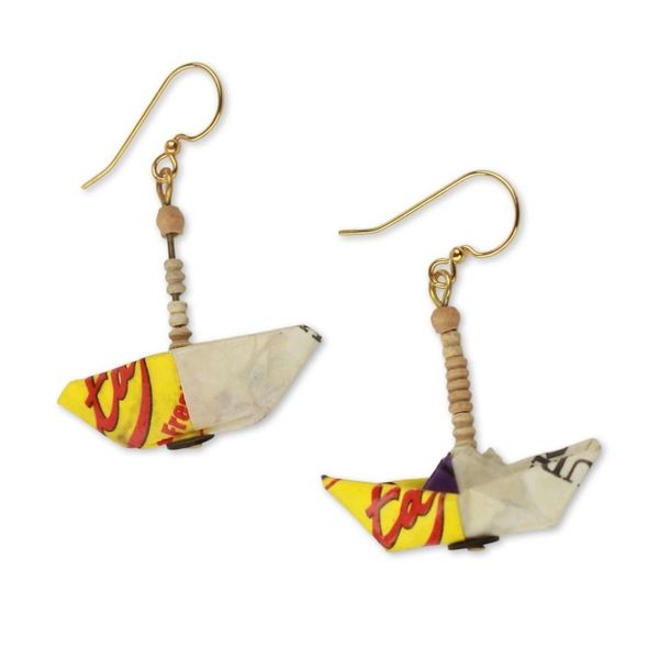 Alternate image for Recycled Paper Sailboat Earrings Crafted by Hand in Ghana Yellow Boats