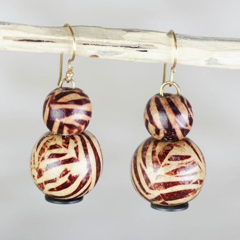 Brown Zebra Sese Wood and Recycled Plastic Dangle Earrings 'Zebra Allure'