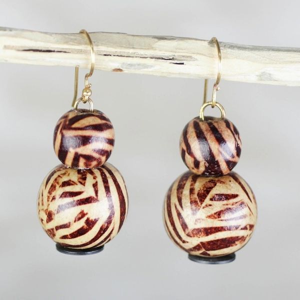 Alternate image for Brown Zebra Sese Wood and Recycled Plastic Dangle Earrings Zebra Allure