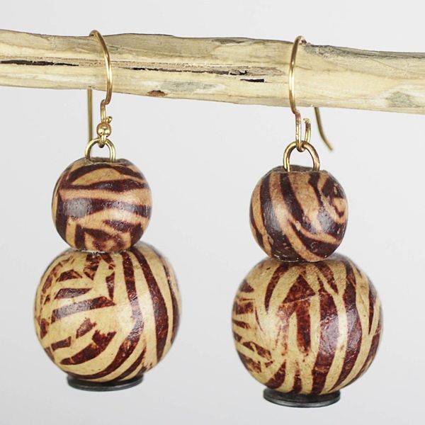Alternate image for Brown Zebra Sese Wood and Recycled Plastic Dangle Earrings Zebra Allure