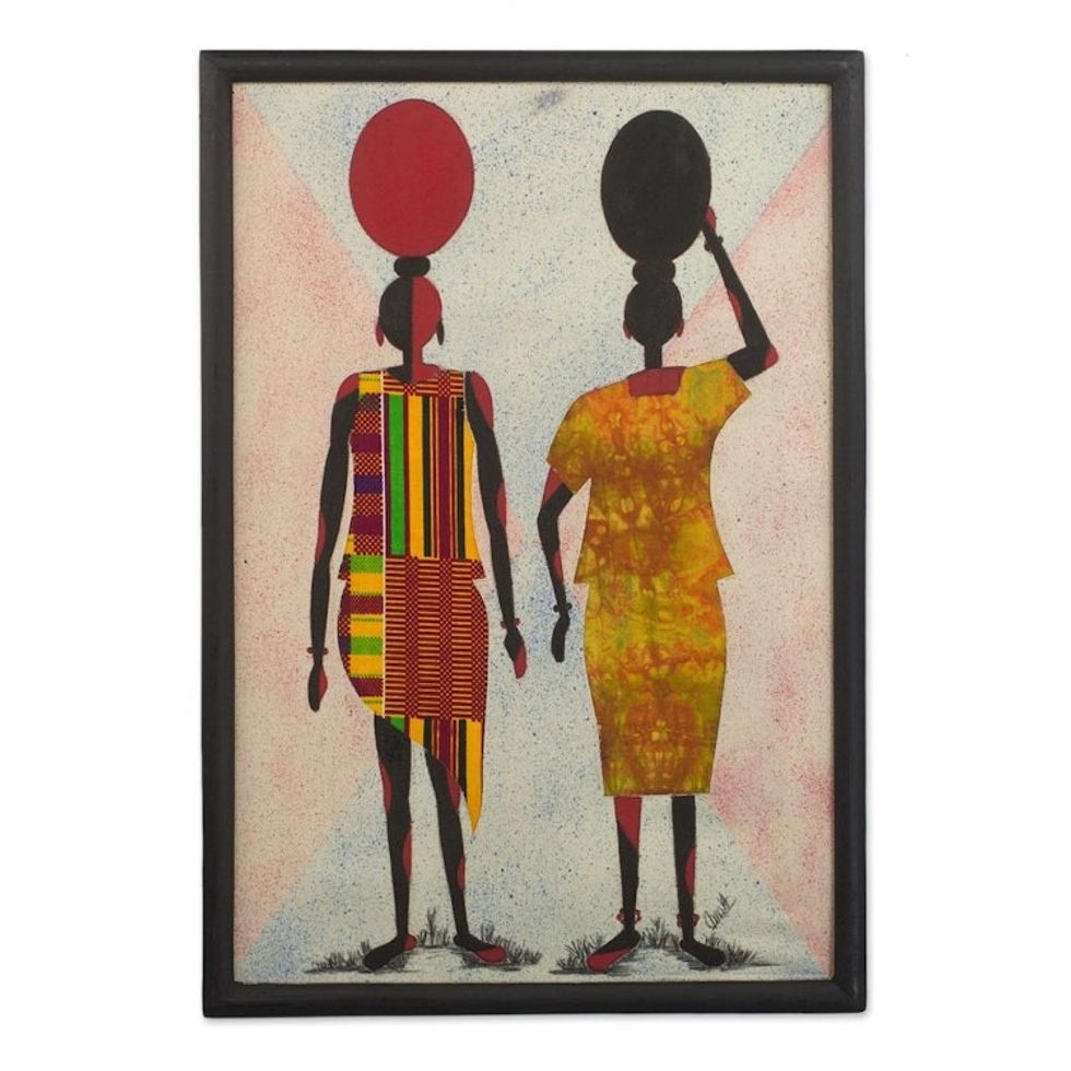Handcrafted Batik Wall Art of African Women from Ghana 'Water Carriers II'