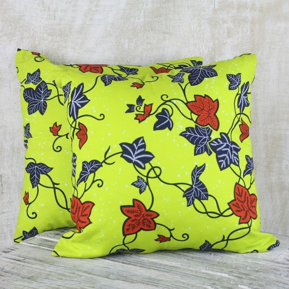 100 Cotton Yellow Leaf Print Pair of Cushion Covers 'Bright and Sunny'