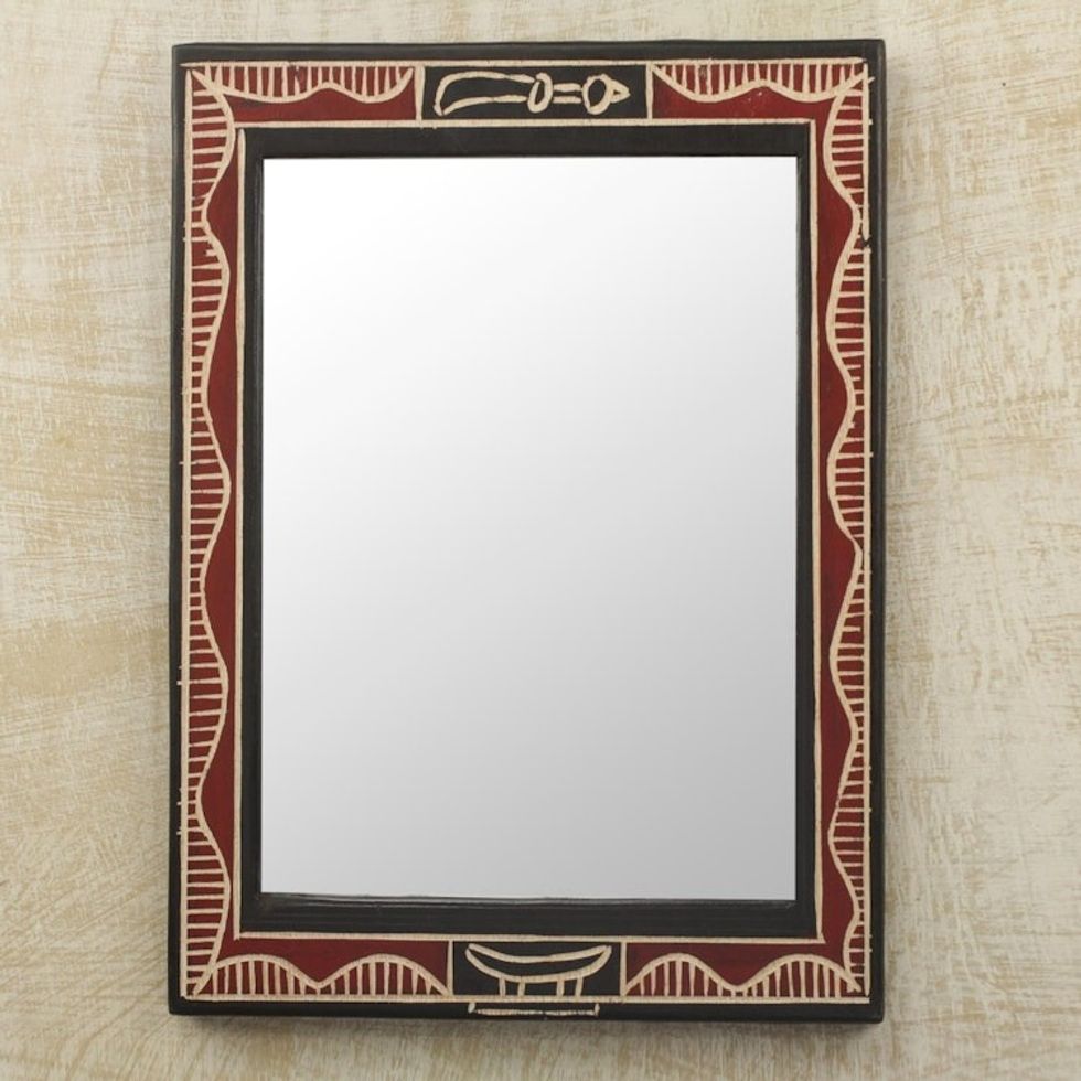 Handmade Red and Black Wood Wall Mirror from West Africa 'Akofena II'