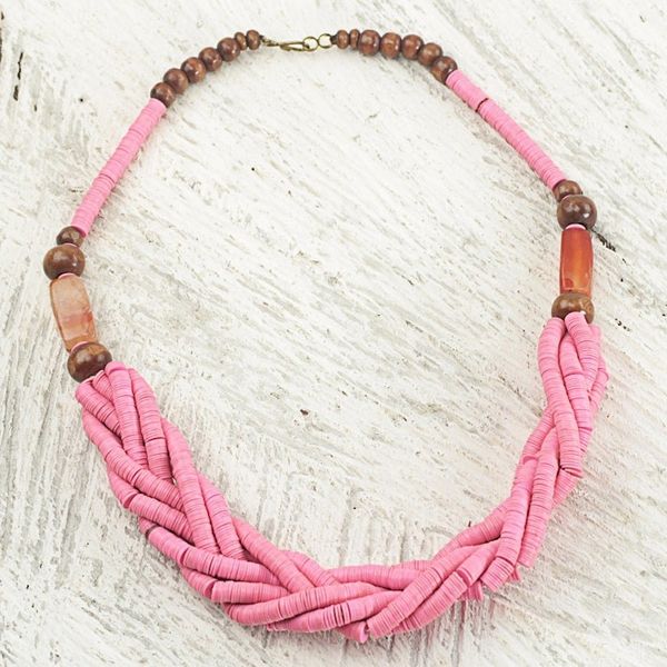 Alternate image for Handcrafted Pink Braided Bead Necklace with Wood and Agate Sosongo in Pink