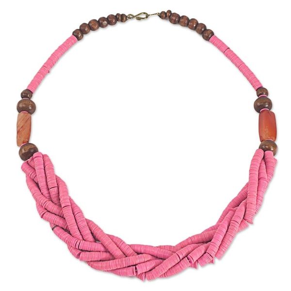 Alternate image for Handcrafted Pink Braided Bead Necklace with Wood and Agate Sosongo in Pink