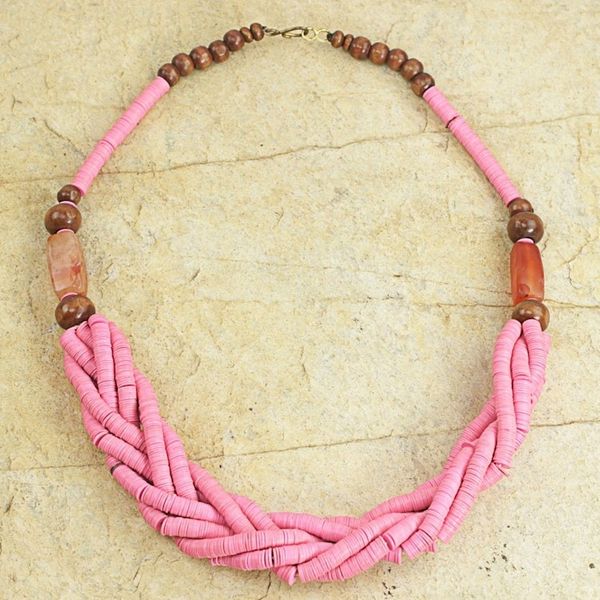 Alternate image for Handcrafted Pink Braided Bead Necklace with Wood and Agate Sosongo in Pink