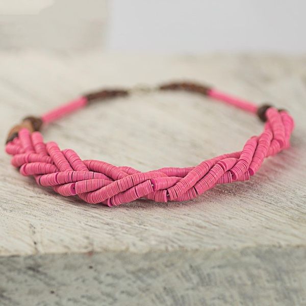 Alternate image for Handcrafted Pink Braided Bead Necklace with Wood and Agate Sosongo in Pink