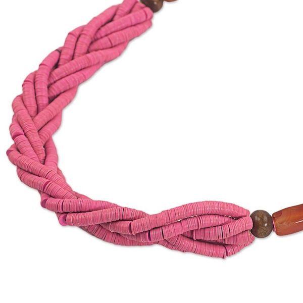 Alternate image for Handcrafted Pink Braided Bead Necklace with Wood and Agate Sosongo in Pink