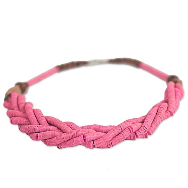 Alternate image for Handcrafted Pink Braided Bead Necklace with Wood and Agate Sosongo in Pink