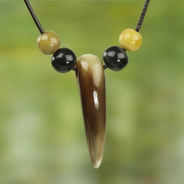 Alternate image for Brown Black and Cream Bull Horn Pendant Necklace Horn of Strength