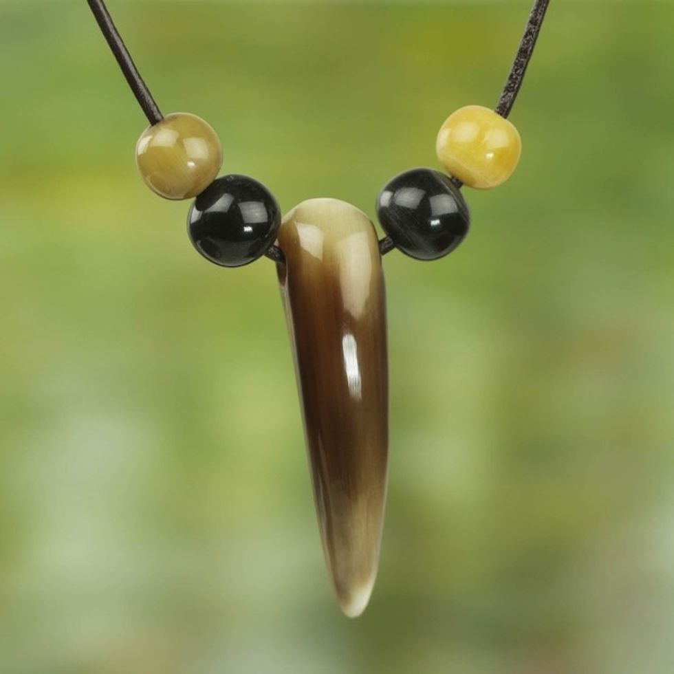 Brown Black and Cream Bull Horn Pendant Necklace 'Horn of Strength'