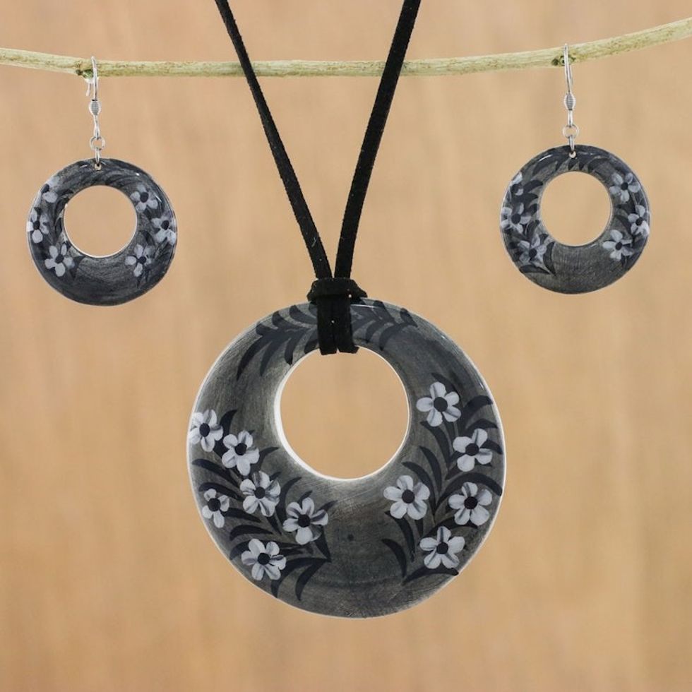 Ceramic Black Floral Pendant Necklace Dangle Earrings Set 'Blooming Midnight'