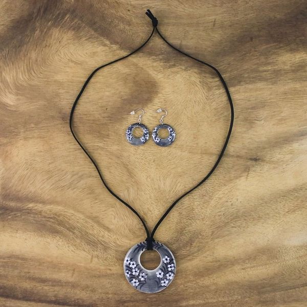 Alternate image for Ceramic Black Floral Pendant Necklace Dangle Earrings Set Blooming Midnight