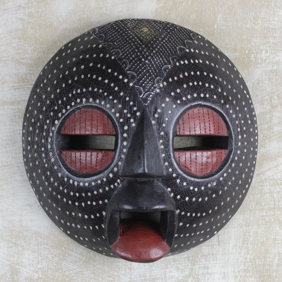 African Sese Wood and Aluminum Mask in Black from Ghana 'Ntiasea Face'