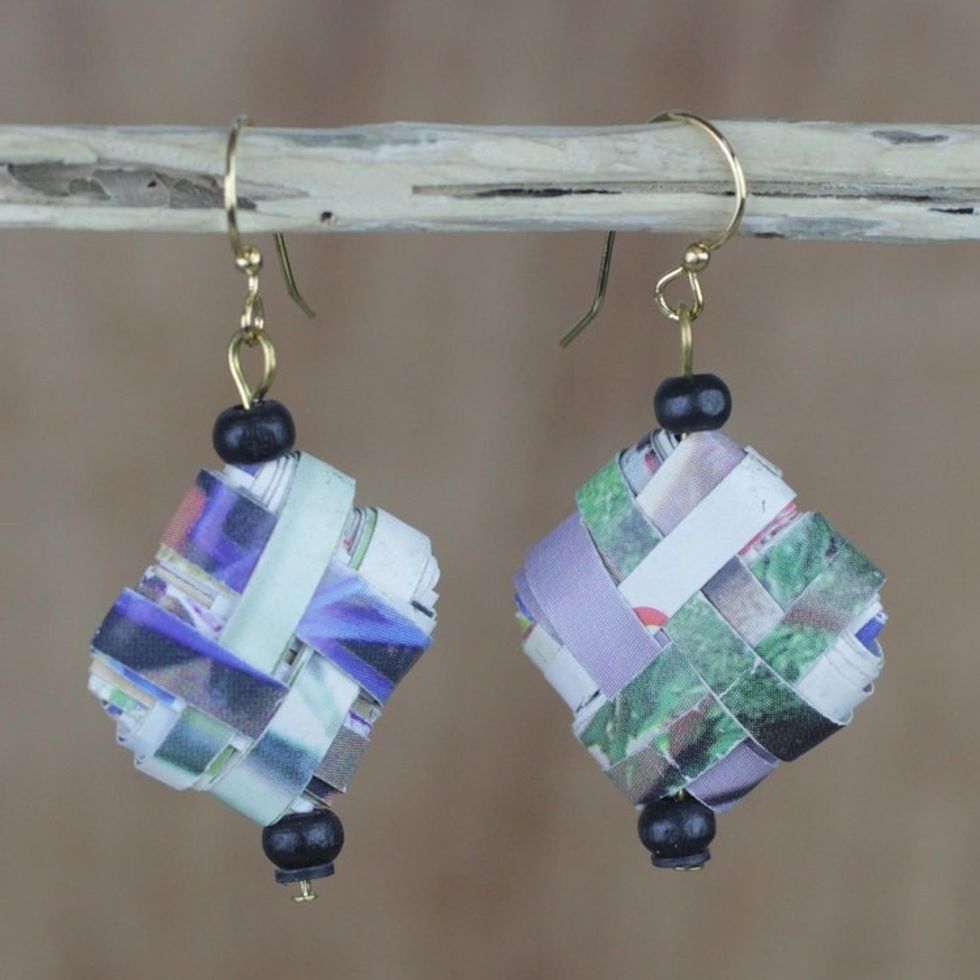 Colorful Recycled Paper and Wood Dangle Earrings from Ghana 'Thinking of Home'