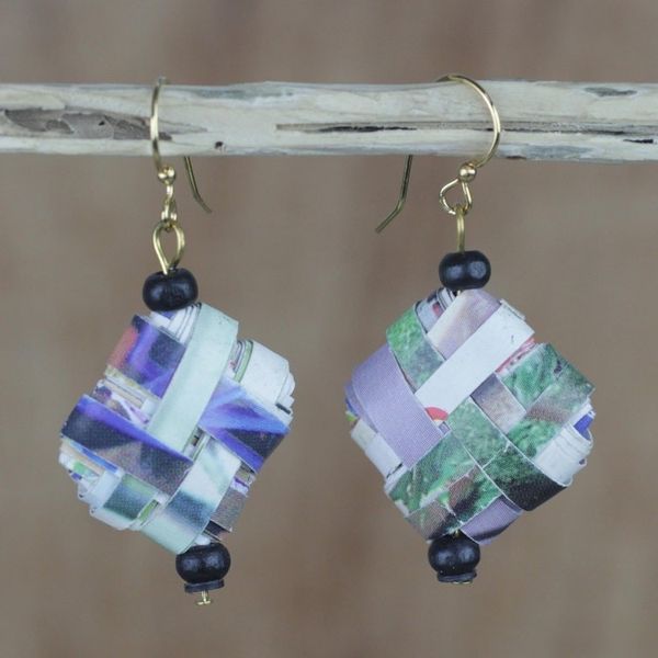 Alternate image for Colorful Recycled Paper and Wood Dangle Earrings from Ghana Thinking of Home