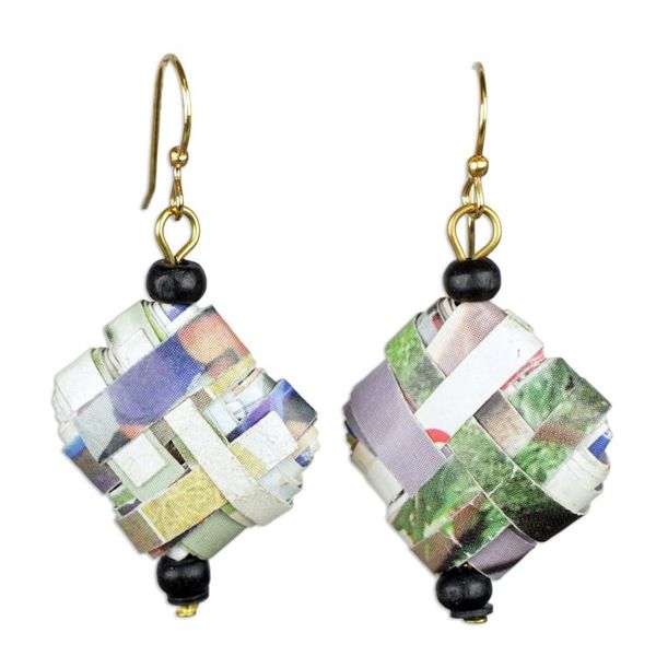 Alternate image for Colorful Recycled Paper and Wood Dangle Earrings from Ghana Thinking of Home