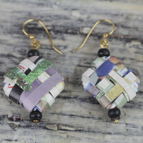 Alternate image for Colorful Recycled Paper and Wood Dangle Earrings from Ghana Thinking of Home