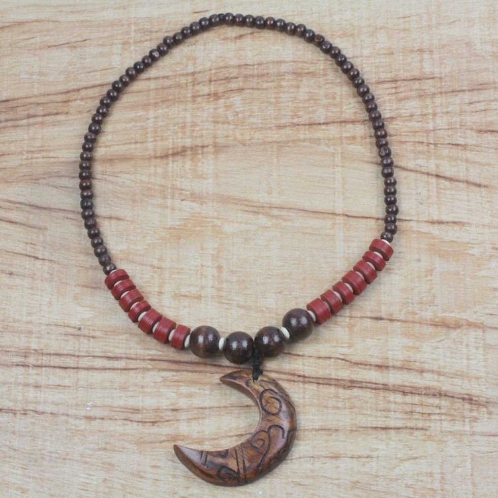 Wood and Recycled Plastic Beaded Pendant Necklace from Ghana 'Kae Me Moon'