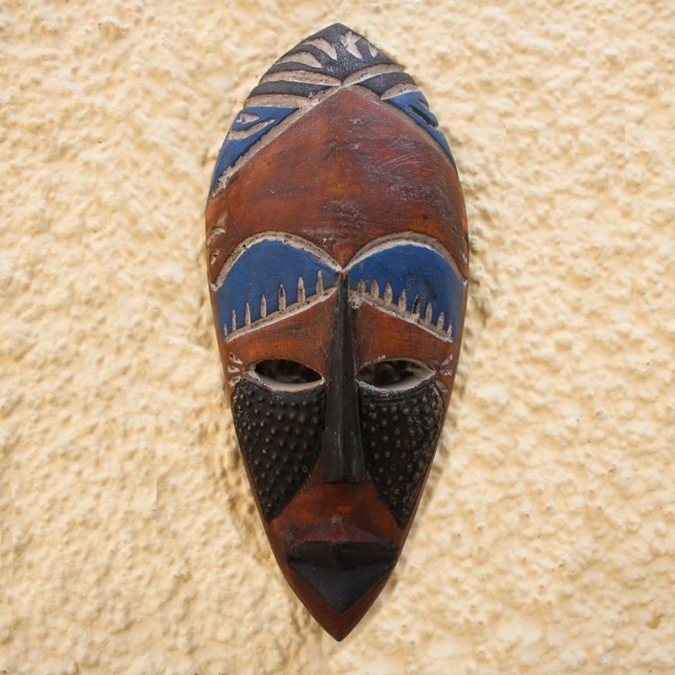 African Wood Wall Mask with Embossed Aluminum 'Rise and Conquer'
