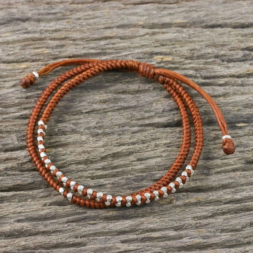 Burnt Sienna Cord Bracelet with Silver Beads 'Everyday Thai in Burnt Sienna'