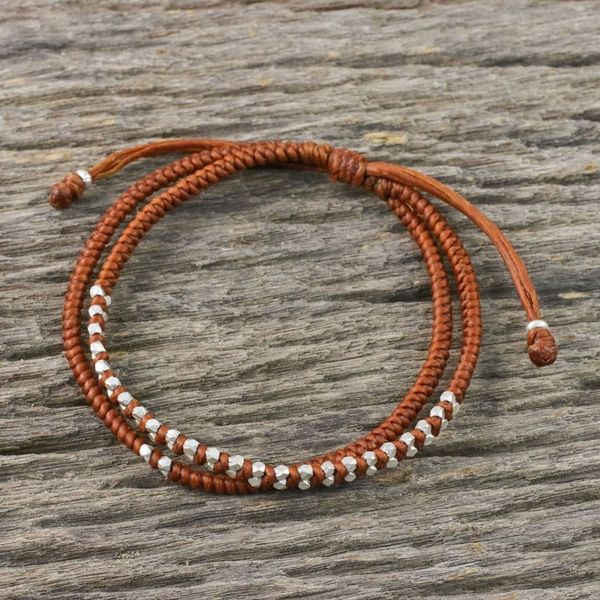 Alternate image for Burnt Sienna Cord Bracelet with Silver Beads Everyday Thai in Burnt Sienna