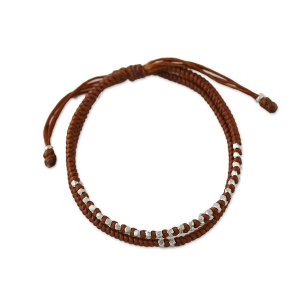 Alternate image for Burnt Sienna Cord Bracelet with Silver Beads Everyday Thai in Burnt Sienna