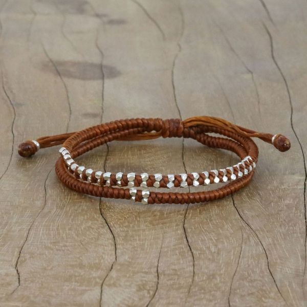 Alternate image for Burnt Sienna Cord Bracelet with Silver Beads Everyday Thai in Burnt Sienna