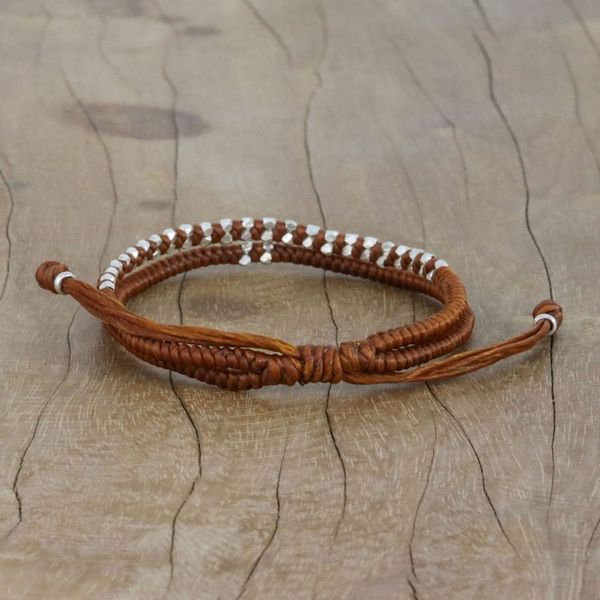 Alternate image for Burnt Sienna Cord Bracelet with Silver Beads Everyday Thai in Burnt Sienna