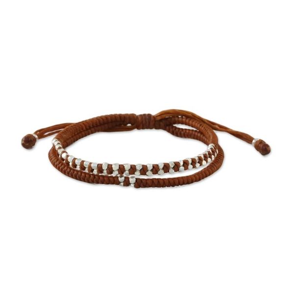 Alternate image for Burnt Sienna Cord Bracelet with Silver Beads Everyday Thai in Burnt Sienna