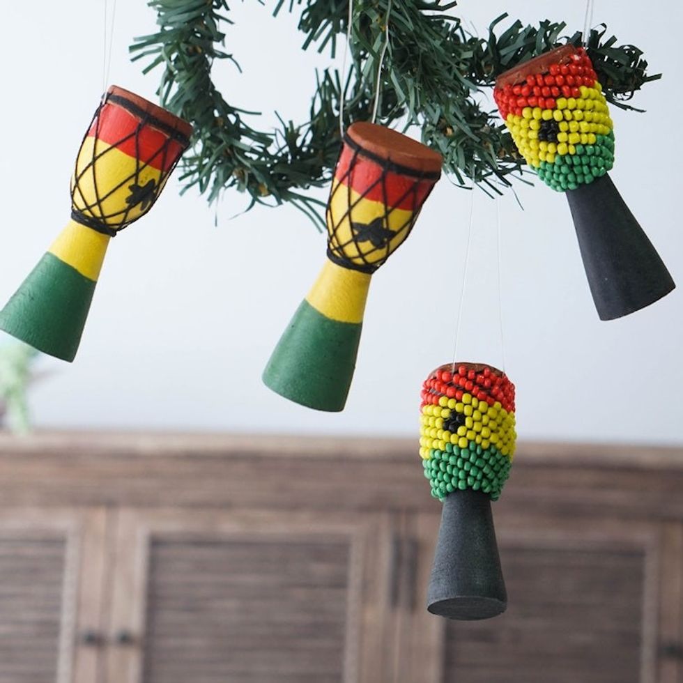 Wood and Recycled Glass Drum Ornaments from Ghana Set of 4 'Eco Djembes'
