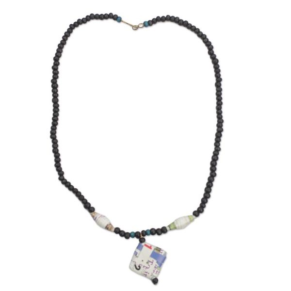 Alternate image for Recycled Paper and Wood Beaded Pendant Necklace from Ghana Dreams of Home