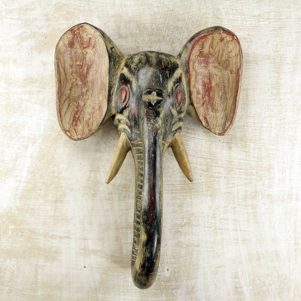 African Elephant Mask Rustic Wall Decor Hand Carved in Ghana 'Elephant I'