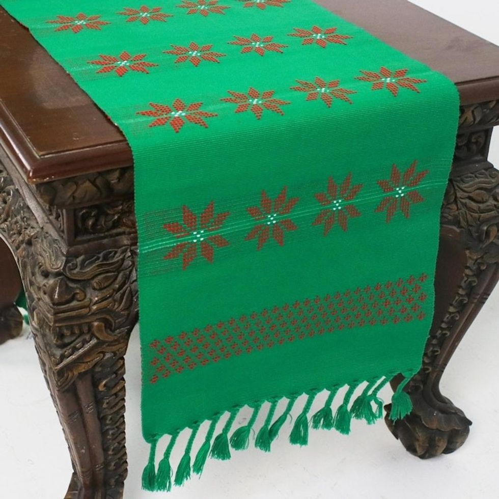 Handwoven Cotton Table Runner in Green from Thailand 'Lisu Festivities'