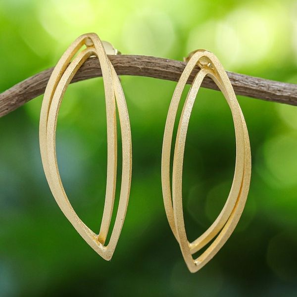 Alternate image for Thai Petal Shaped Gold Plated Sterling Silver Drop Earrings Golden Lotus Petals