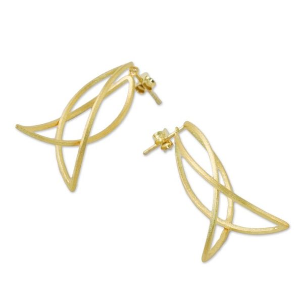 Alternate image for Thai Petal Shaped Gold Plated Sterling Silver Drop Earrings Golden Lotus Petals
