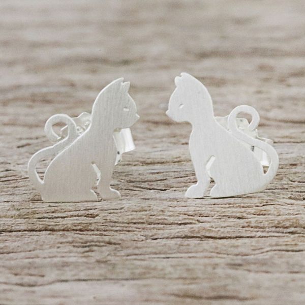 Alternate image for Brushed Silver Cat Stud Earrings from Thai Artisan Waiting for Love