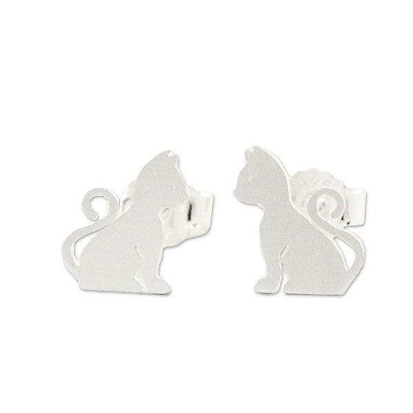 Alternate image for Brushed Silver Cat Stud Earrings from Thai Artisan Waiting for Love
