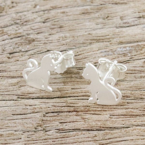 Alternate image for Brushed Silver Cat Stud Earrings from Thai Artisan Waiting for Love