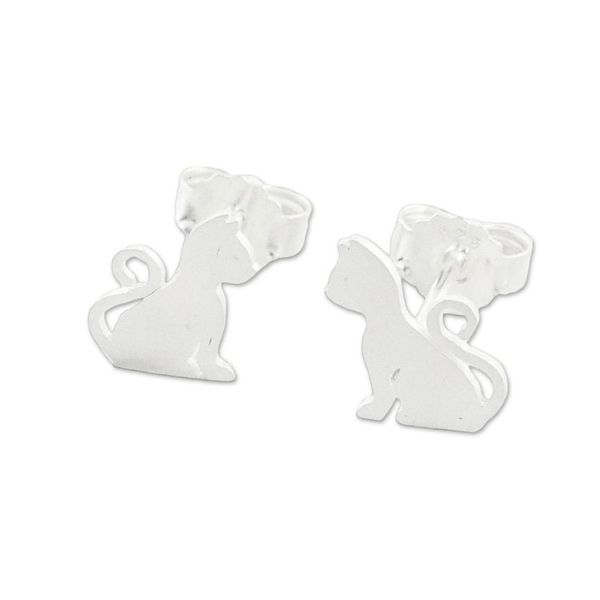 Alternate image for Brushed Silver Cat Stud Earrings from Thai Artisan Waiting for Love