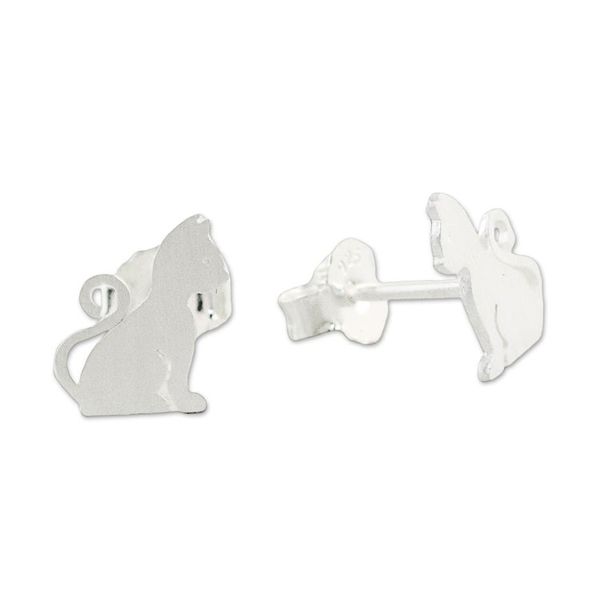 Alternate image for Brushed Silver Cat Stud Earrings from Thai Artisan Waiting for Love