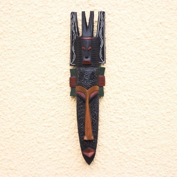 Alternate image for Hand Made Red Wood Aluminum African Wall Mask from Ghana Fierce Red