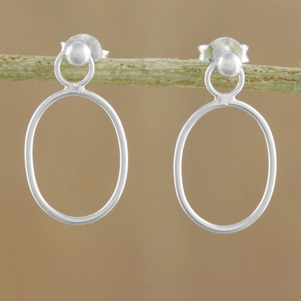 925 Sterling Silver Oval Frame Dangle Earrings with Posts 'Elegant Oval'