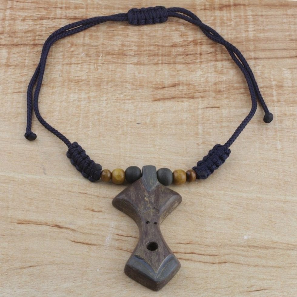 Adjustable Sese Wood Beaded Pendant Necklace from Ghana 'Akan Advice'