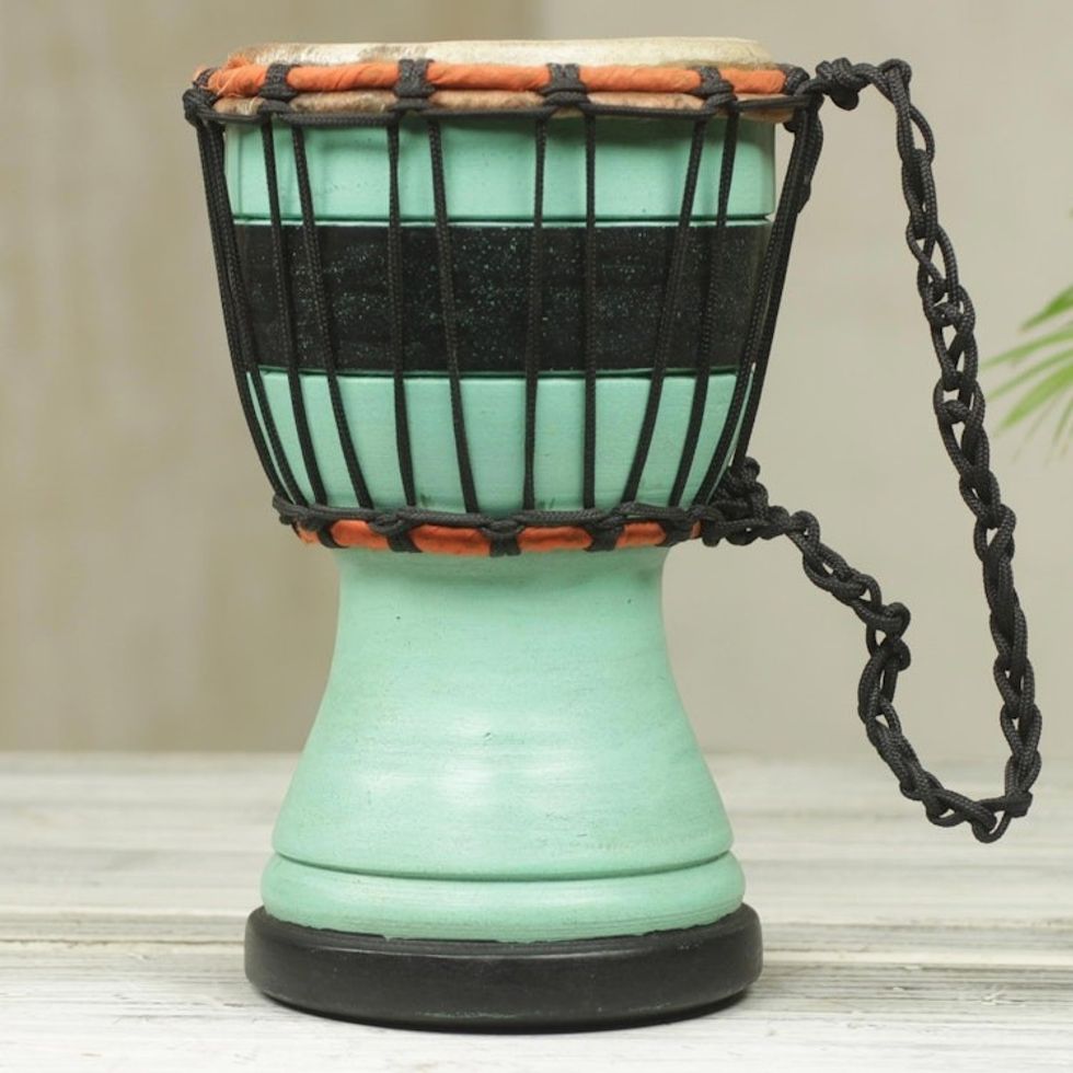 Green Decorative Djembe Drum Artisan Crafted in West Africa 'Green Invitation to Peace'