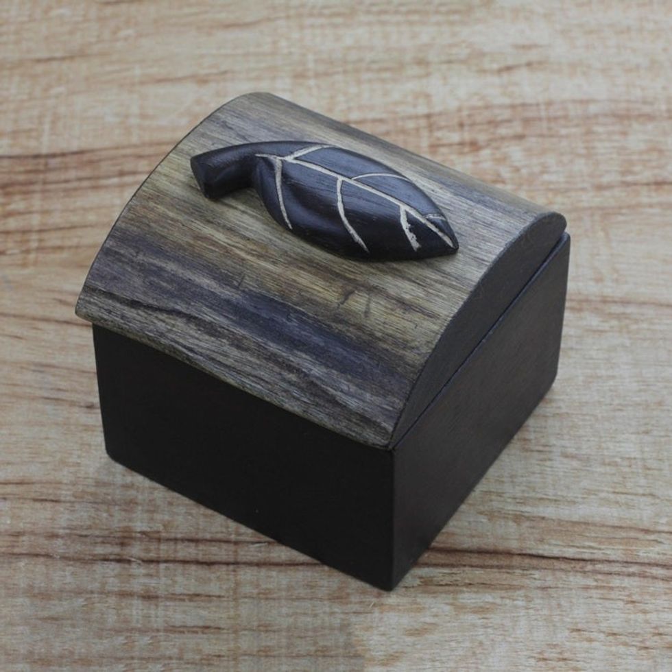 Hand Carved Ghanaian Decorative Wood Box with Leaf Motif 'Nature's Keepsake'