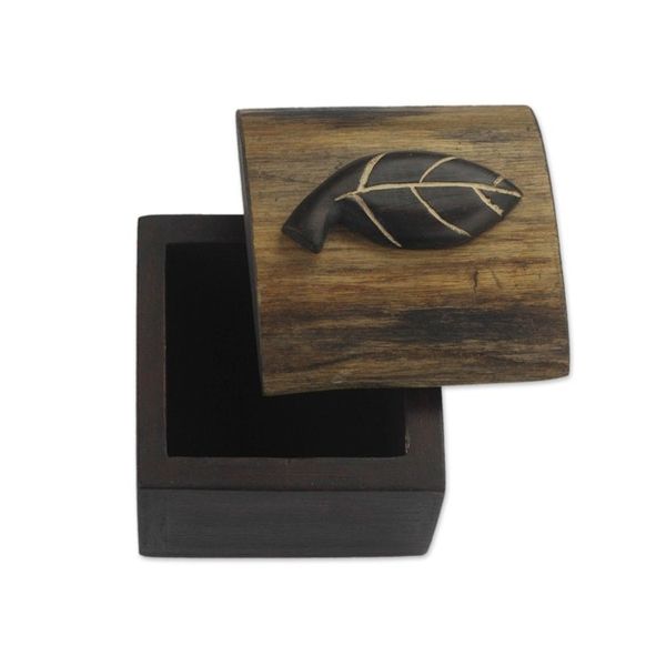 Alternate image for Hand Carved Ghanaian Decorative Wood Box with Leaf Motif Natures Keepsake